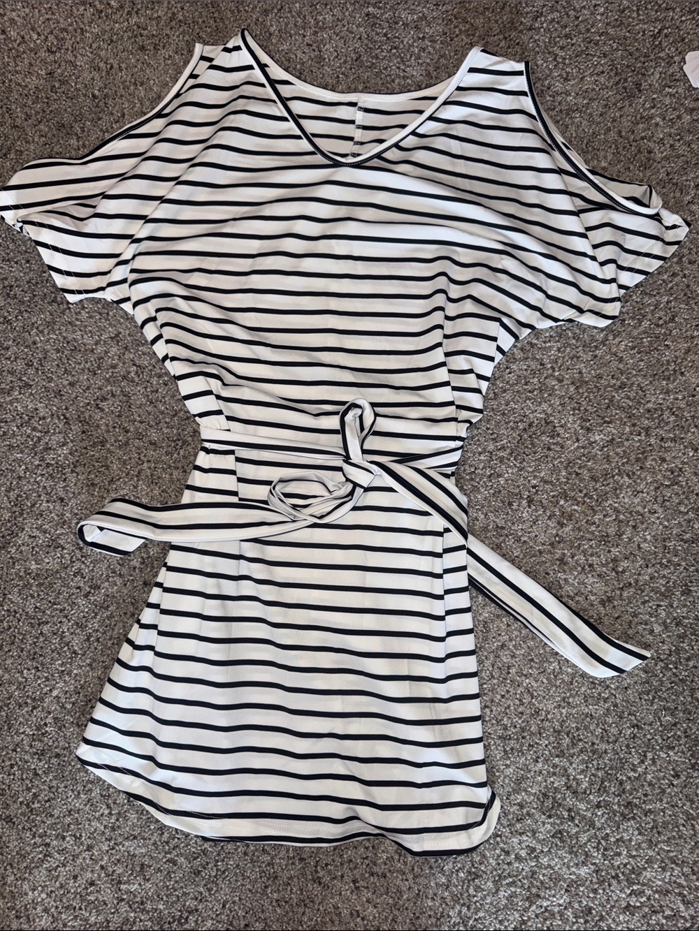 SHEIN White & Black Striped Cold-Shoulder Tie-Waist Dress